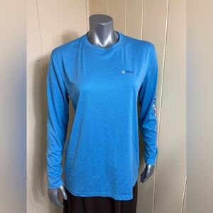 Magellan Fish Gear Boyfriend Fit Shirt Moisture Wicking Womens L Blue Spell out